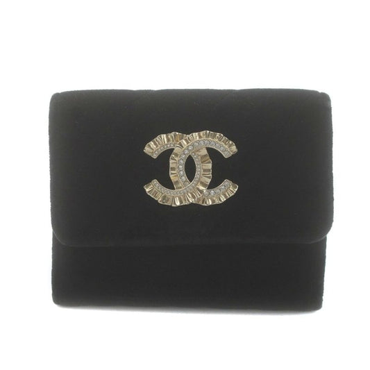 Chanel Quilted Coco Mark Velvet Coin Case Bifold Wallet Black KU OH