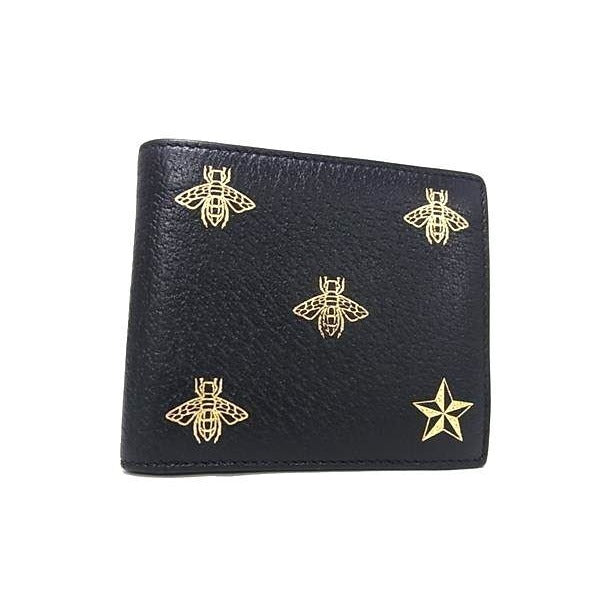 Gucci Wallet Black Gold Leather Bee Bifold