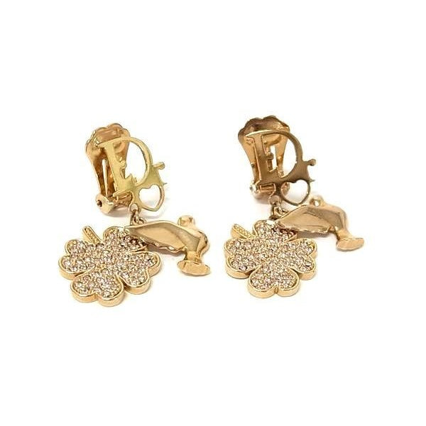 Dior Earrings Gold Metal Rhinestone Clover