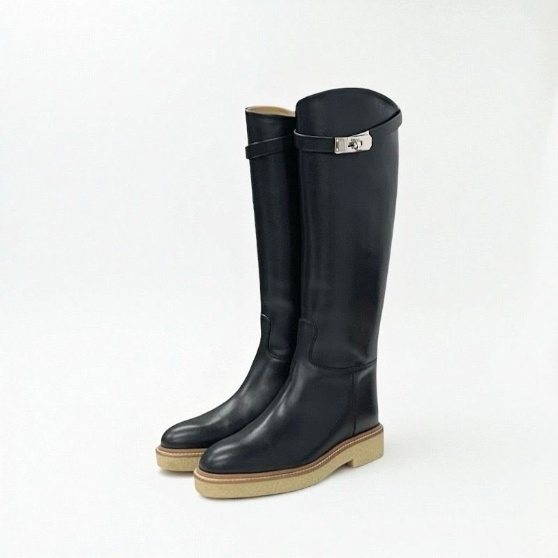 Hermes Boots Long Shoes Leather Black Silver Kelly Hardware