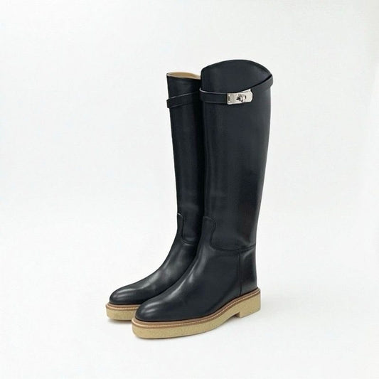 Hermes Boots Long Shoes Leather Black Silver Kelly Hardware