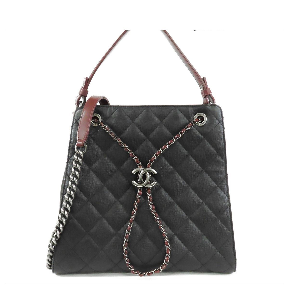 Chanel CC Bucket Black Burgundy Silver Caviar Leather 2-Way Chain Shoulder Bag
