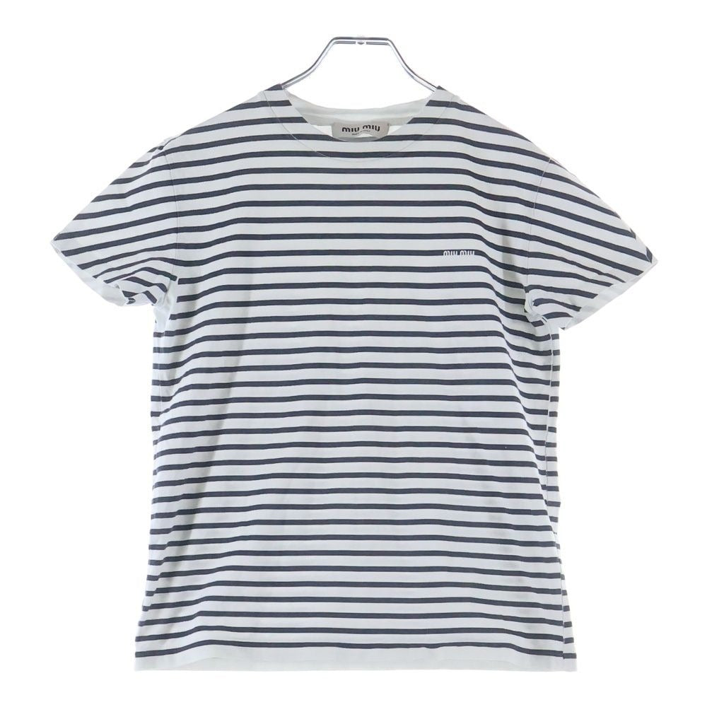 Miu Miu Front Logo Crew Neck Border Pattern Short Sleeve T-Shirt Cut White Navy