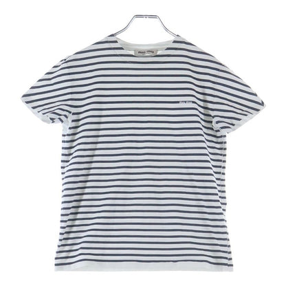 Miu Miu Front Logo Crew Neck Border Pattern Short Sleeve T-Shirt Cut White Navy