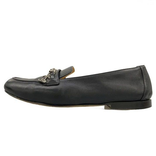 Chanel Loafers 37 C Black Chain CC Logo Silver Lambskin