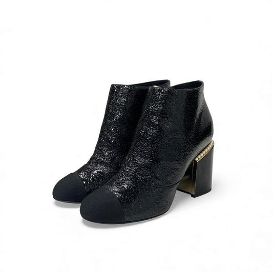 Chanel Short Boots Shoes Leather Fabric Black Gold CC Logo Pearl