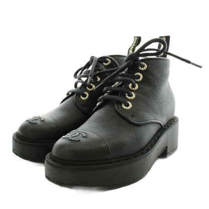 Chanel CC Logo Short Boots Pearl Wedge Sole Thick Leather 35 Black