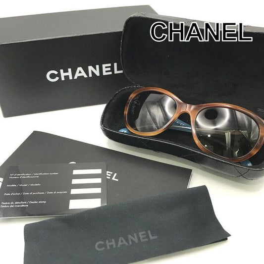 Chanel CC Logo Camellia Pearl Sunglasses Eyewear Blue Brown