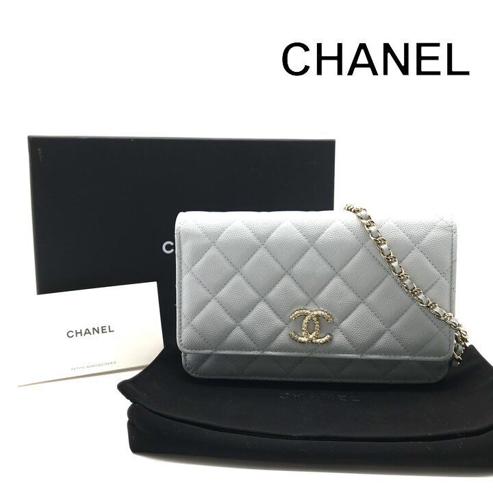Chanel CC Logo Caviar Leather Quilted Chain Wallet Shoulder Bag Light Blue