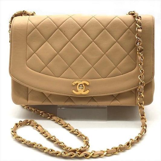 Chanel Diana CC Logo Quilted Lambskin Turnlock Chain Shoulder Bag Beige