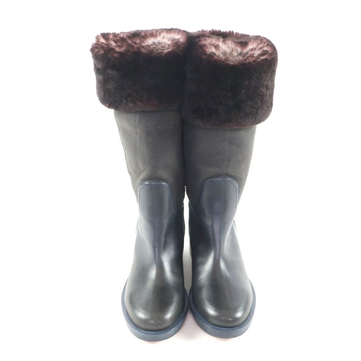 Chanel CC Logo Embroidered Leather Rabbit Fur Long Boots Brown Navy 35.5 Handbag — view 4
