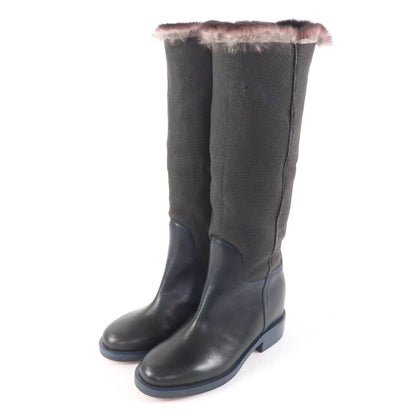 Chanel CC Logo Embroidered Leather Rabbit Fur Long Boots Brown Navy 35.5 Handbag — view 9