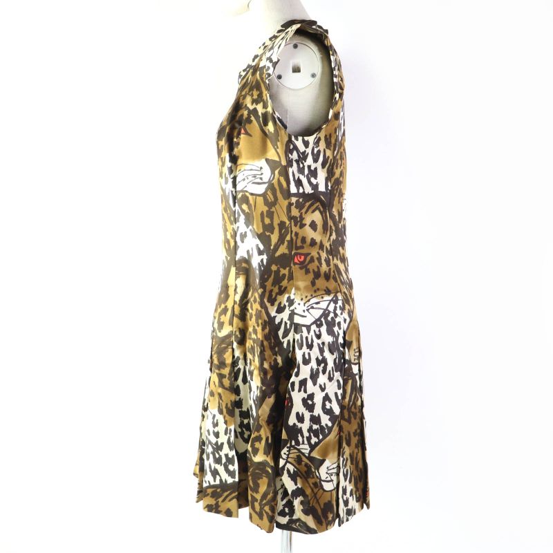 Louis Vuitton 100% Silk Leopard Print V-neck French Sleeves Pleats Dress Brown