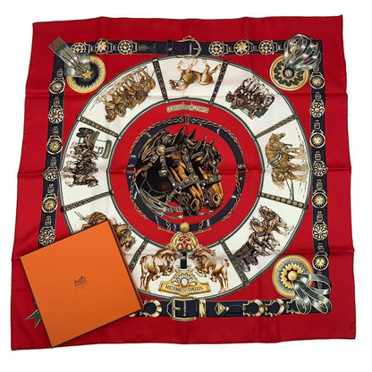 Hermes Carre 90 Chevaux de Trait Horse Silk Scarf Red