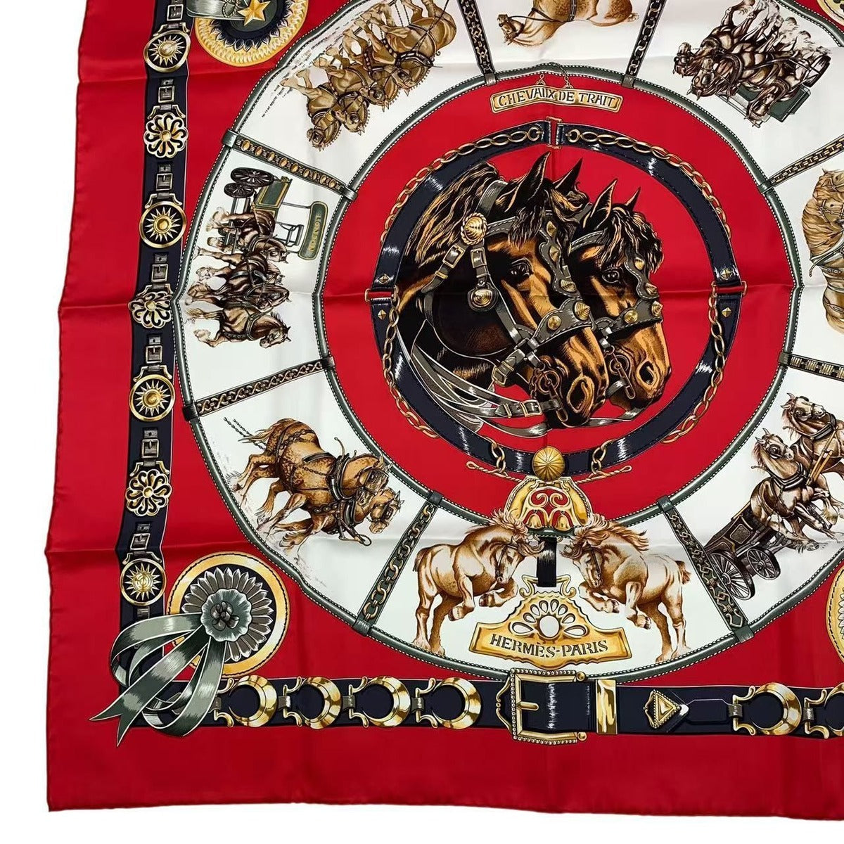 Hermes Carre 90 Chevaux de Trait Horse Silk Scarf Red — view 5