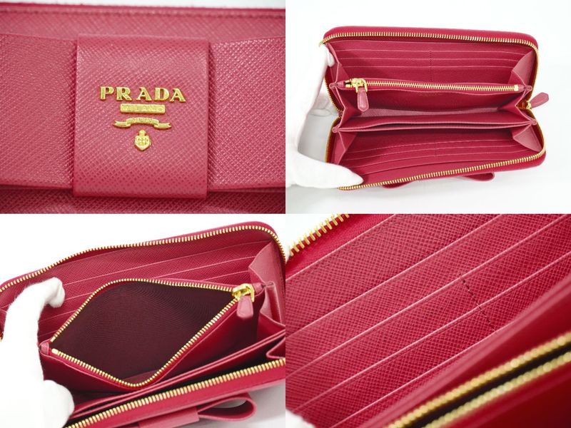Authentic Prada Ribbon Round Zipper Long Wallet Long Wallet Leather Pink Wallet