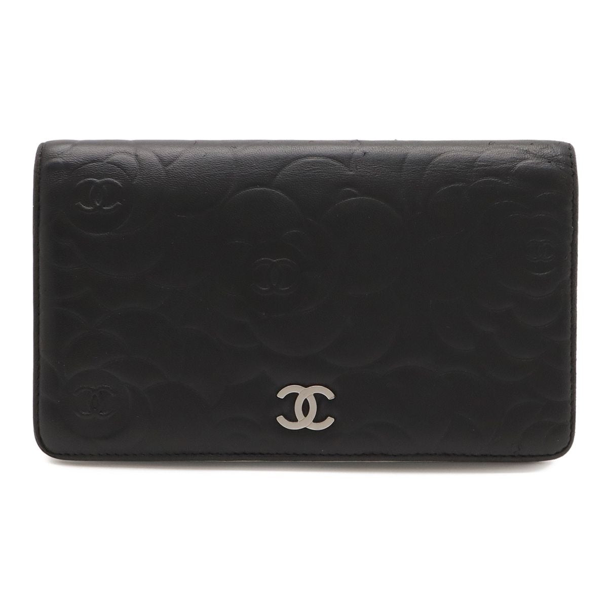 Chanel Camellia Embossed CC Logo Bifold Long Wallet Leather Black