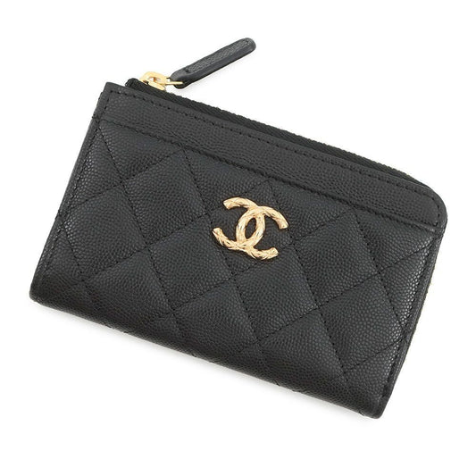 Chanel Coin Case CC Logo Quilted Fragment Caviar Leather Card Black