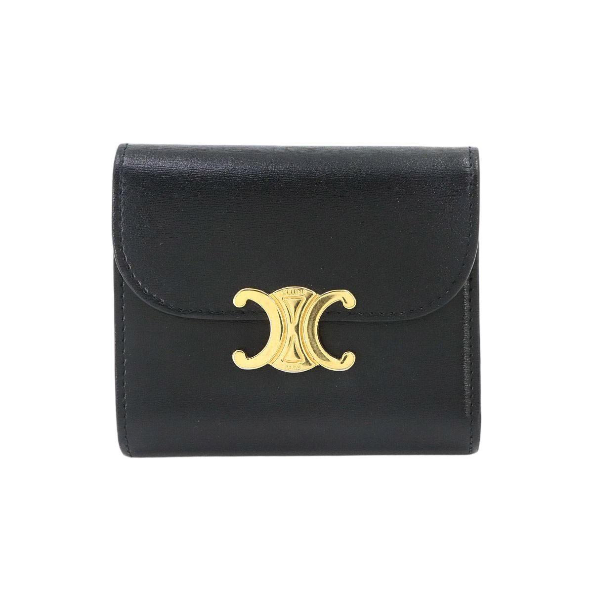 Celine Triomphe Compact Wallet Trifold Leather Black Gold