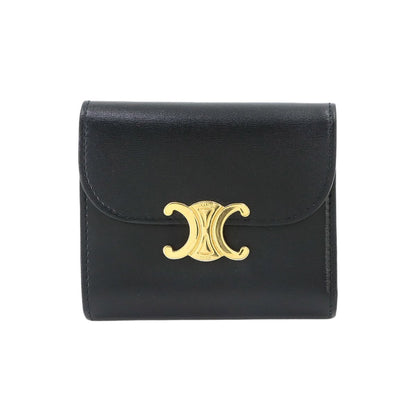 Celine Triomphe Compact Wallet Trifold Leather Black Gold