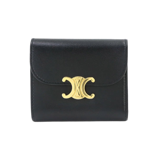 Celine Triomphe Compact Wallet Trifold Leather Black Gold