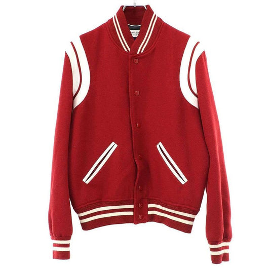 Saint Laurent Paris Leather Trim Wool Teddy Jacket Y213 Q Red 46