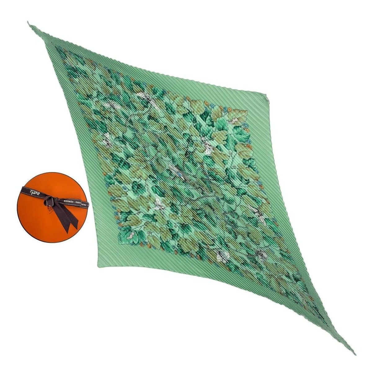 Hermes Pleats L'arbre de Soie Silk Tree Mulberry and Silkworm Green Scarf