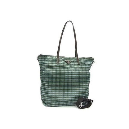 Prada Shoulder Bag Triangle Logo Green Brown Tessuto Nylon Check Pattern 2-Way