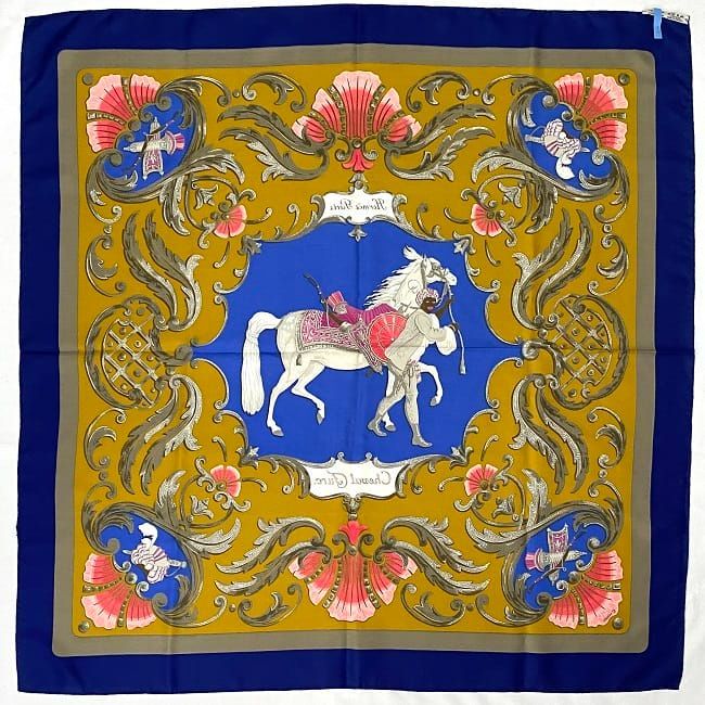 Hermes Scarf Carr 90 Navy Yellow Gray Turkish Horse