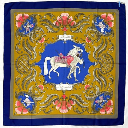 Hermes Scarf Carr 90 Navy Yellow Gray Turkish Horse