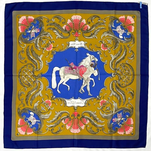 Hermes Scarf Carr 90 Navy Yellow Gray Turkish Horse