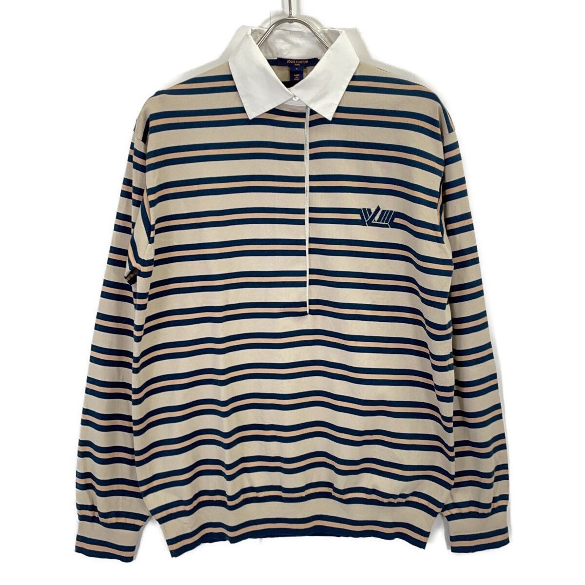 Louis Vuitton Fn1 Beige Blue Silk Mix Long Sleeve Border Polo