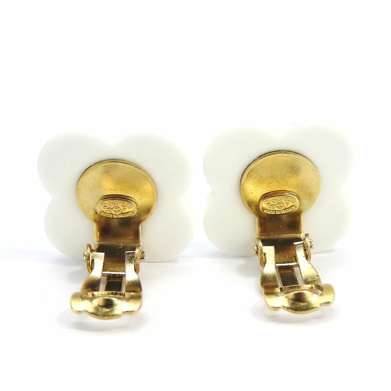 Chanel Earrings Coco Flower Motif Clover 02P Plated Gold White Black Jewelry