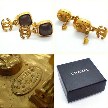 Chanel 97A Earrings Metal Gold Gray Stone Swing CC — view 3