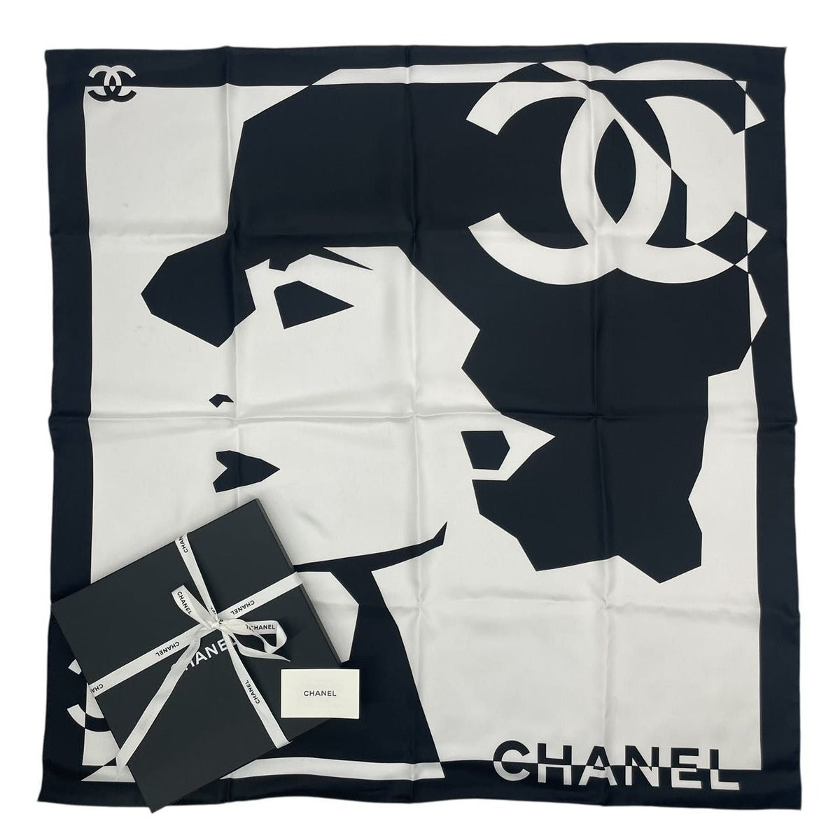 Chanel Silk Large Scarf CC Logo Mademoiselle White Black