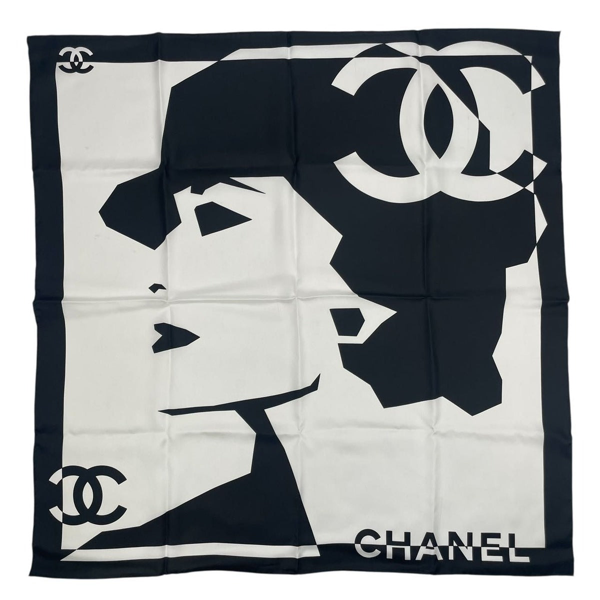 Chanel Silk Large Scarf CC Logo Mademoiselle White Black — view 2