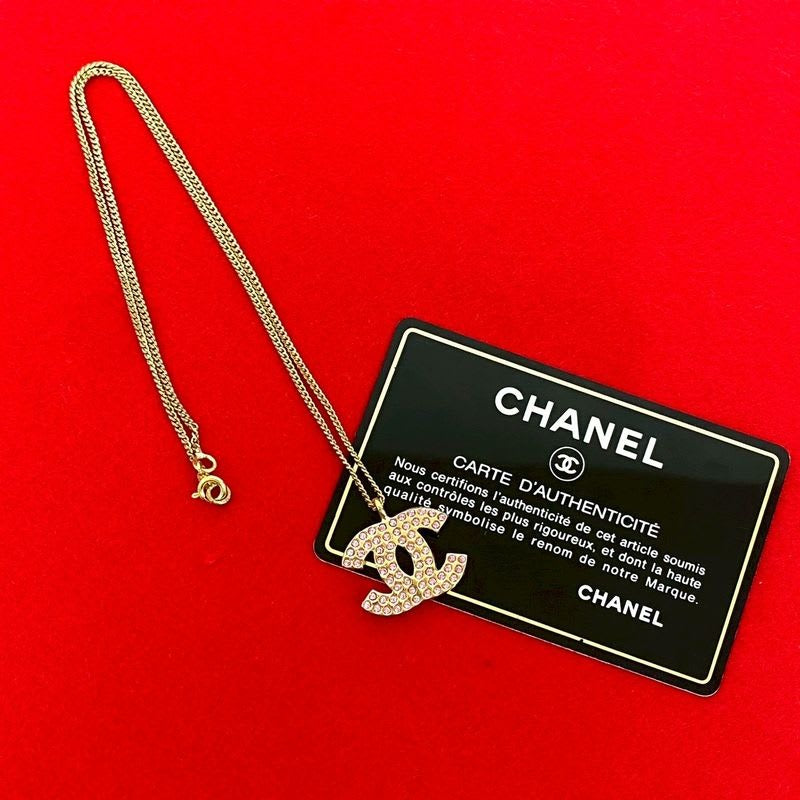 Chanel Coco Mark Motif GP Rhinestone Chain Necklace Pendant 02P