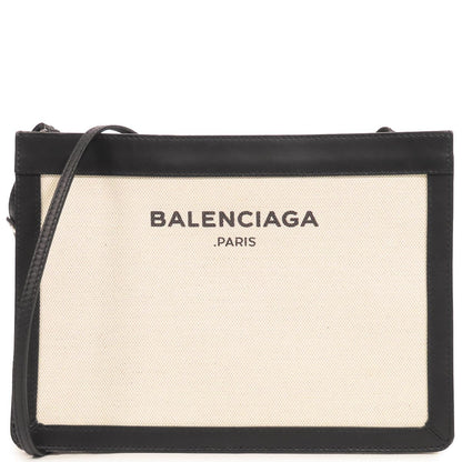 Balenciaga Navy Pochette Ivory Black Canvas Leather 2-Way Clutch