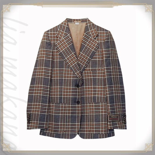 Gucci Jacket Outerwear Single Breasted Casual Check Navy Light Pink
