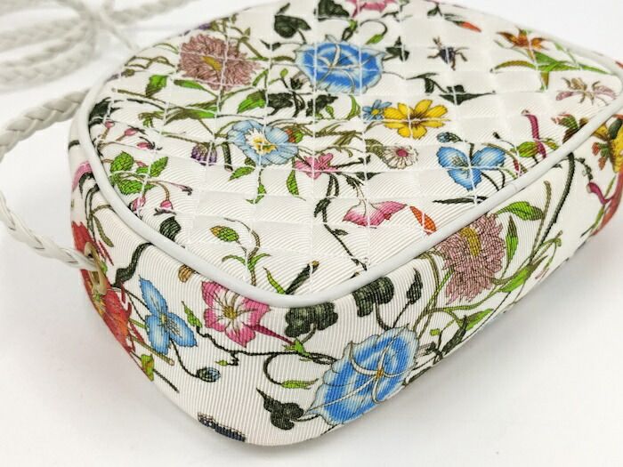 Gucci Flora Mini Shoulder Bag Horsebit Canvas Leather White Multicolor 534951