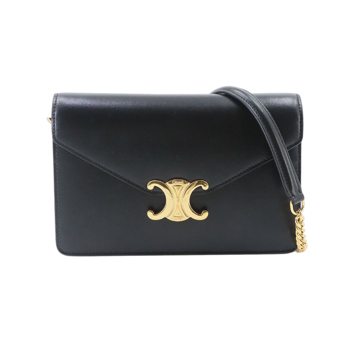 Celine Triomphe Chain Wallet Leather Black Gold Shoulder
