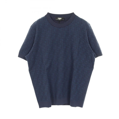 Fendi Knit Selleria Pullover Navy Cotton Short Sleeve Sweater