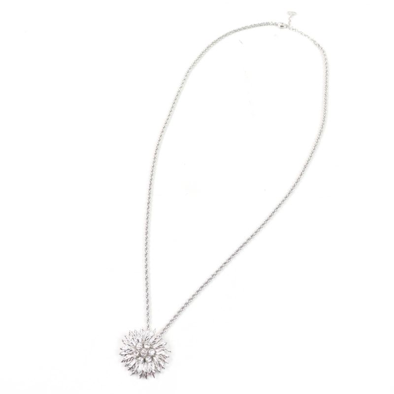 Christian DIOR Vintage Flower Design Pendant Necklace With Rhinestones Silver