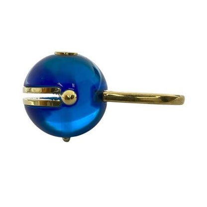 Christian DIOR Sorbet Ring Tribal Ball Jewelry Logo GP Metal Resin Gold Blue [M