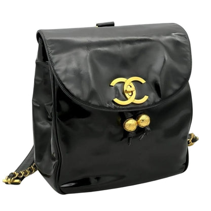 CHANEL CC Vintage Backpack Bag Patent Leather Black Turnlock Chain