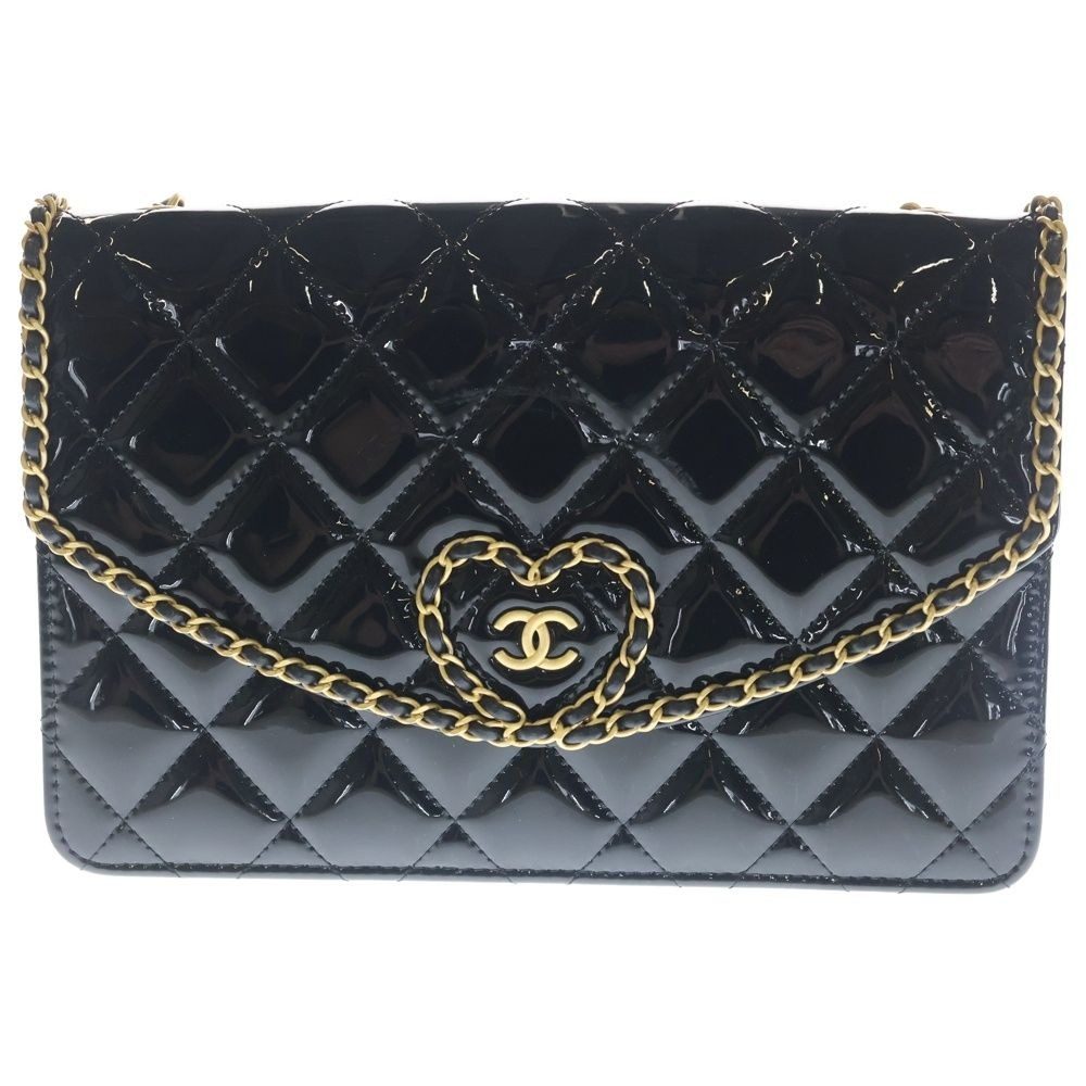 Chanel Quilted Patent Heart Chain Shoulder Bag Black Enamel Gold