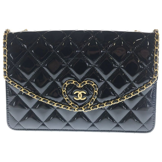 Chanel Quilted Patent Heart Chain Shoulder Bag Black Enamel Gold