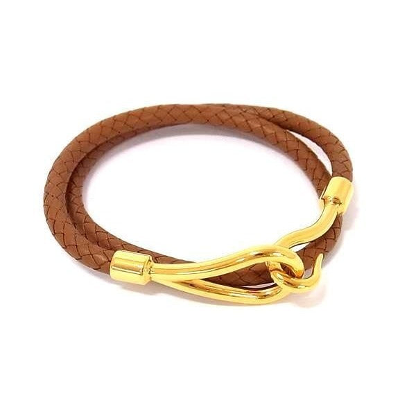 Hermes Choker Jumbo Brown Leather Metal Braided Gold 2 Row