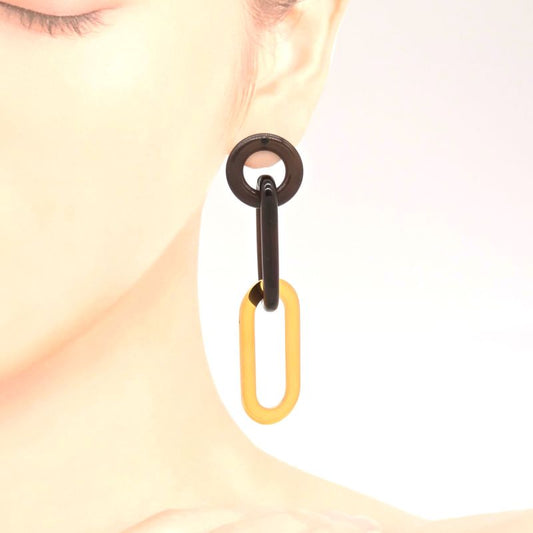 Hermes Buffalo Horn Metal Earrings Binaural Dark Brown Color Gold-tone Metal Box