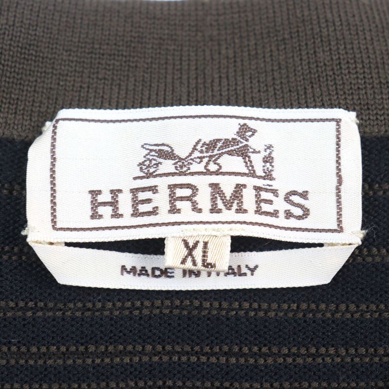 Hermes 100% Wool V-neck Bicolor Shoulder Border Pattern Knit Sweater Khaki